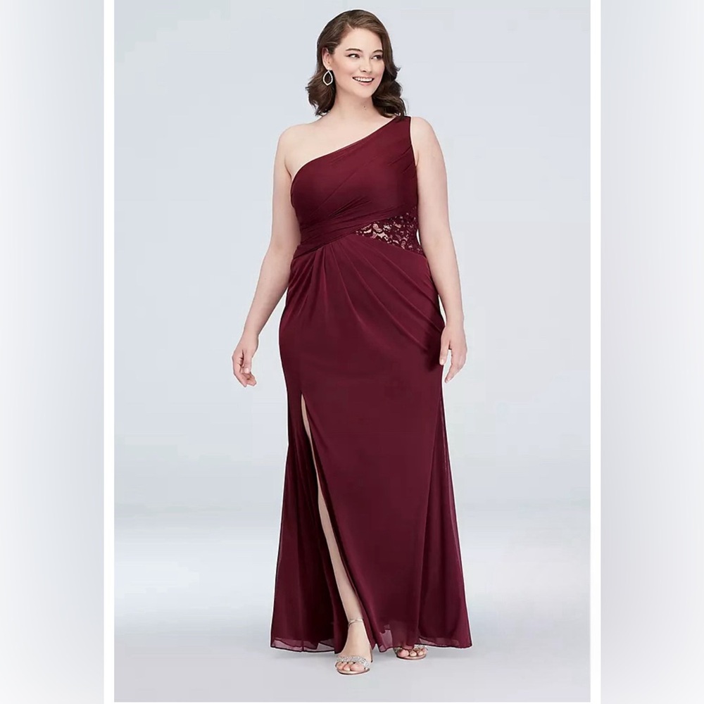 David's Bridal One-Shoulder Burgundy Dress